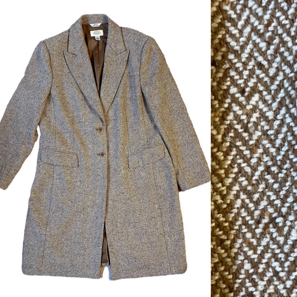 Talbots Brown & Cream Herringbone Wool Blend Trench Coat